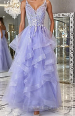 V Neck Open Back Purple Lace Long Evening Prom Dresses, Purple Lace Formal Evening Dresses, Purple Ball Gown