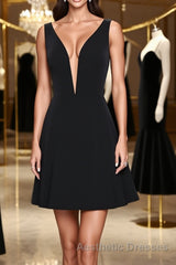V Neck Open Back Short Black Evening Prom Dresses, V Neck Black Homecoming Dresses, Black Formal Evening Dresses