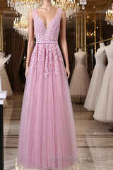 V Neck Pink Lace Evening Prom Dresses, Pink V Neck Lace Bridesmaid Formal Dresses