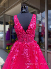 V Neck Pink Lace Evening Prom Dresses, Pink V Neck Long Lace Formal Evening Dresses