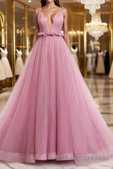 V Neck Pink Tulle Evening Prom Dresses with Train, Pink Long Formal Evening Graduation Dresses