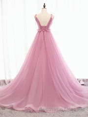 V Neck Pink Tulle Evening Prom Dresses with Train, Pink Long Formal Evening Graduation Dresses