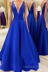V Neck Royal Blue Satin Evening Prom Dresses, Royal Blue Satin Formal Evening Bridesmaid Dresses