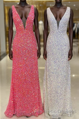 V neck Sequin Mermaid Long Evening Prom Dresses,Formal Dresses