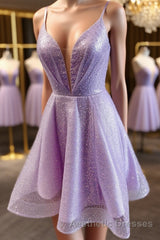 V Neck Short Purple Evening Prom Dresses, Short V Neck Purple Formal Homecoming Dresses