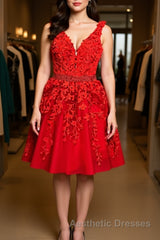 V Neck Short Red Lace Evening Prom Dresses with Beadings, Short Red Lace Formal Graduation Homecoming Dresses