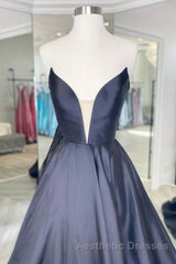 V Neck Strapless Black Satin Long Evening Prom Dresses, Strapless Black Formal Dresses, Long Black Evening Dresses
