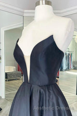 V Neck Strapless Black Satin Long Evening Prom Dresses, Strapless Black Formal Dresses, Long Black Evening Dresses