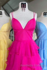 V-Neck Straps Fuchsia Ruffle Chiffon Evening Prom Dresses with Slit