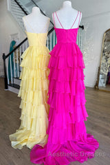 V-Neck Straps Fuchsia Ruffle Chiffon Evening Prom Dresses with Slit