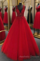 V-Neck Tulle Long Evening Prom Dresses With Appliques And Beading,Evening Prom Dresses,Pageant Dresses