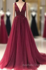 V Neckline Evening Prom Dresses Long , Evening Dresses, Formal Dresses, Graduation School Party Dance Dresses