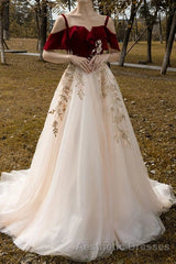 UniqueDressess Vintage Red Straps Tulle Formal Dresses, Elegant Applique Evening Prom Dresses