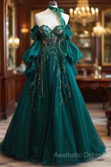 Vintage A Line Appliques Lace-Up A-Line Dark Green Tulle Evening Prom Dresses