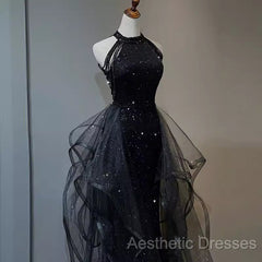 Vintage A Line Halter Black Party Dresses Sequin Evening Prom Dresses
