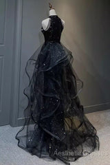 Vintage A Line Halter Black Party Dresses Sequin Evening Prom Dresses