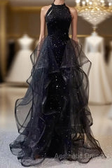 Vintage A Line Halter Black Party Dresses Sequin Evening Prom Dresses