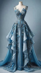 Vintage A Line Sweetheart Neck Chiffon Applique  Long Evening Prom Dresses, Evening Dresses