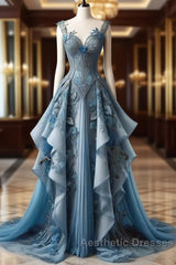 Vintage A Line Sweetheart Neck Chiffon Applique  Long Evening Prom Dresses, Evening Dresses