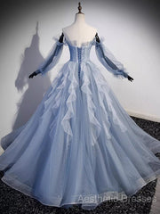 Vintage Ball Gown Strapless Satin Dusty Blue Tulle Long Evening Prom Dresses Formal Dresses