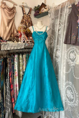 Vintage Fashion A Line Spaghetti Straps Blue Floor Length Evening Dresses Evening Prom Dresses