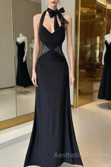Vintage Fashion Mermaid Halter Black Floor Length Evening Dresses Evening Prom Dresses
