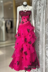 Vintage Fashion Mermaid Strapless Hot Pink Floor Length Evening Dresses Evening Prom Dresses