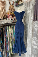 Vintage Fashion Mermaid V Neckline Navy Blue Floor Length Evening Dresses Evening Prom Dresses