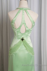Vintage Light Green Mermaid Halter Satin Beaded Long Evening Prom Dresses