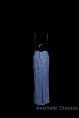 Vintage Mermaid Boat Neck Blue Sequin Backless Evening Prom Gown Fairy Evening Prom Dresses