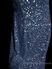 Vintage Mermaid Boat Neck Blue Sequin Backless Evening Prom Gown Fairy Evening Prom Dresses