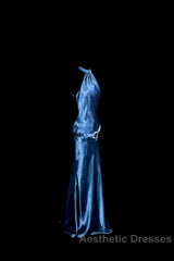 Vintage Mermaid Halter Neck Blue Satin Backless Evening Prom Gown Fairy Evening Prom Dresses