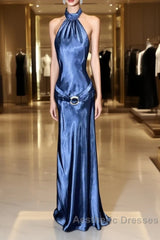 Vintage Mermaid Halter Neck Blue Satin Backless Evening Prom Gown Fairy Evening Prom Dresses
