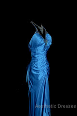 Vintage Mermaid Halter Neck Royal Blue Satin Backless Evening Prom Gown Fairy Evening Prom Dresses