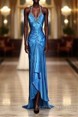 Vintage Mermaid Halter Neck Royal Blue Satin Backless Evening Prom Gown Fairy Evening Prom Dresses