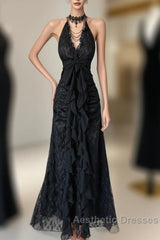 Vintage Mermaid Halter Sleeveless Long Black Lace Evening Dresses Evening Prom Dresses