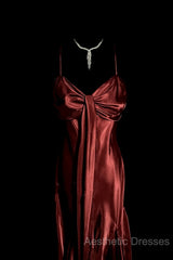 Vintage Mermaid Spaghetti Straps Satin Burgundy Evening Prom Gown Fairy Evening Prom Dresses