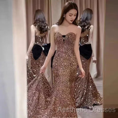 Vintage Mermaid Strapless Party Dresses Long Sequin Evening Prom Dresses