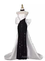 Vintage Mermaid Strapless Sequin Black Long Evening Prom Dresses Formal Dresses