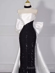 Vintage Mermaid Strapless Sequin Black Long Evening Prom Dresses Formal Dresses