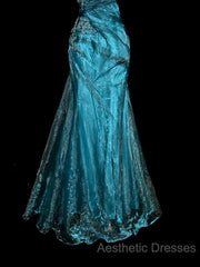 Vintage Mermaid Strapless Tulle Blue Long Evening Prom Gown Fairy Evening Prom Dresses