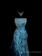 Vintage Mermaid Strapless Tulle Blue Long Evening Prom Gown Fairy Evening Prom Dresses