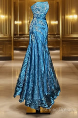 Vintage Mermaid Strapless Tulle Blue Long Evening Prom Gown Fairy Evening Prom Dresses