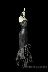 Vintage Mermaid Sweetheart Black Sequin Long Evening Prom Gown Fairy Evening Prom Dresses