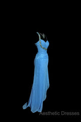Vintage Mermaid Sweetheart Blue Chiffon Long Evening Prom Gown Fairy Evening Prom Dresses