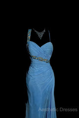 Vintage Mermaid Sweetheart Blue Chiffon Long Evening Prom Gown Fairy Evening Prom Dresses
