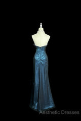 Vintage Mermaid Sweetheart Sleeveless Long Blue Slit Evening Prom Gown Fairy Evening Prom Dresses
