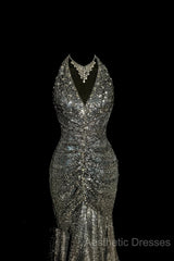 Vintage Mermaid V Neckline Gray Sequin Long Evening Prom Gown Fairy Evening Prom Dresses
