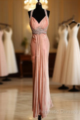 Vintage Mermaid V Neckline Pink Backless Long Evening Prom Gown Fairy Evening Prom Dresses
