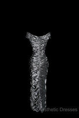 Vintage Sheath Off The Shoulder Silver Gray Sleeveless Long Evening Prom Gown Fairy Evening Prom Dresses